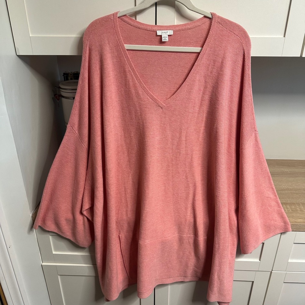Pure Jill Sweater Women 3X Pink V-Neck Silk Wool Blend Oversized Pocket Knit